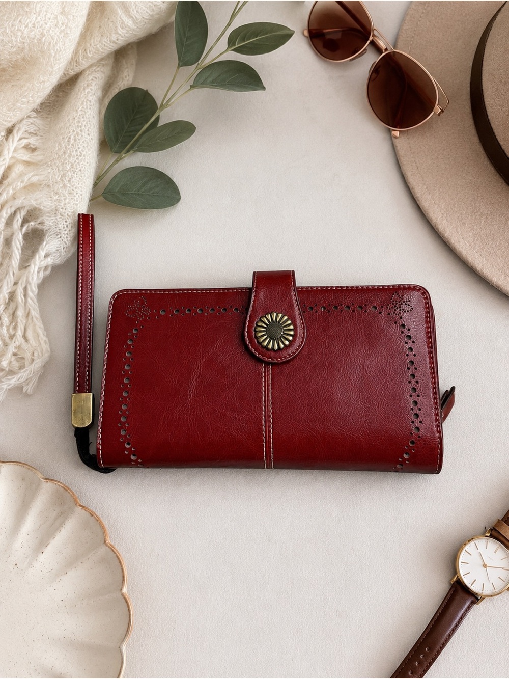 Lavemi RFID Blocking Burgundy Leather Wristlet Wallet Floral Snap Organizer Zip